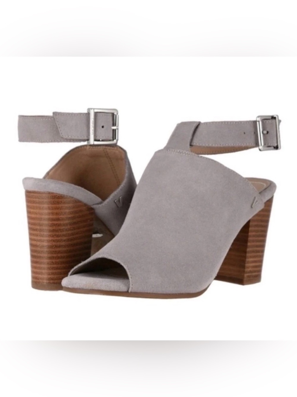 Vionic Gray Suede Perk Kaia Peep Toe Orthotic Footbed Block Heel Sandals Sz 8.5